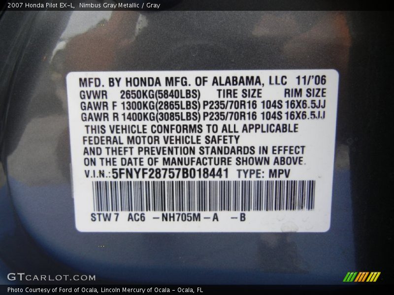 Nimbus Gray Metallic / Gray 2007 Honda Pilot EX-L