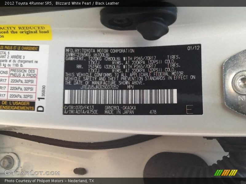 Blizzard White Pearl / Black Leather 2012 Toyota 4Runner SR5