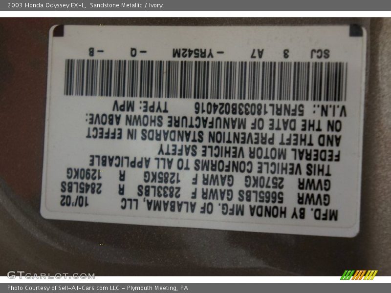 Sandstone Metallic / Ivory 2003 Honda Odyssey EX-L