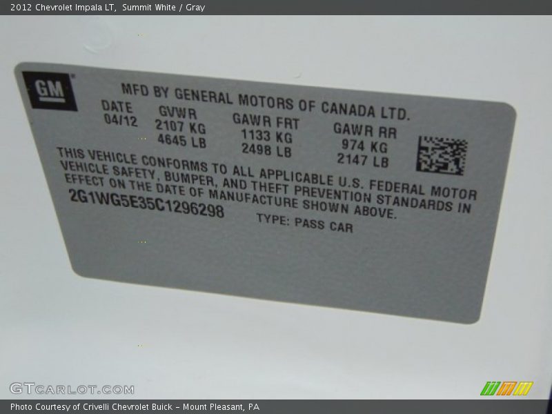 Summit White / Gray 2012 Chevrolet Impala LT