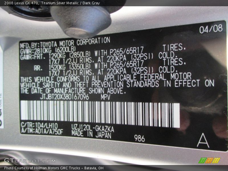 Titanium Silver Metallic / Dark Gray 2008 Lexus GX 470