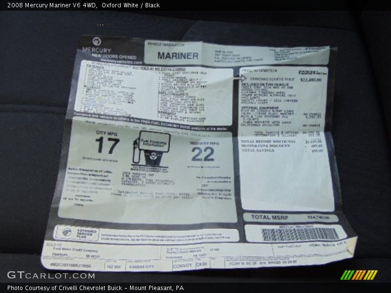  2008 Mariner V6 4WD Window Sticker
