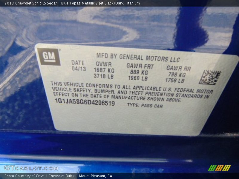 Blue Topaz Metallic / Jet Black/Dark Titanium 2013 Chevrolet Sonic LS Sedan
