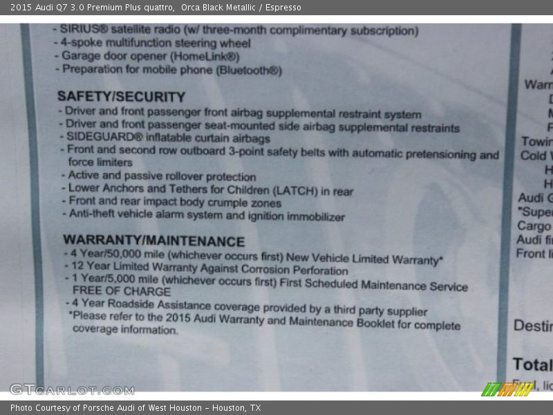  2015 Q7 3.0 Premium Plus quattro Window Sticker