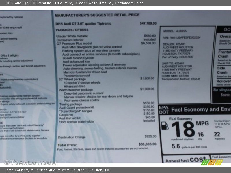  2015 Q7 3.0 Premium Plus quattro Window Sticker