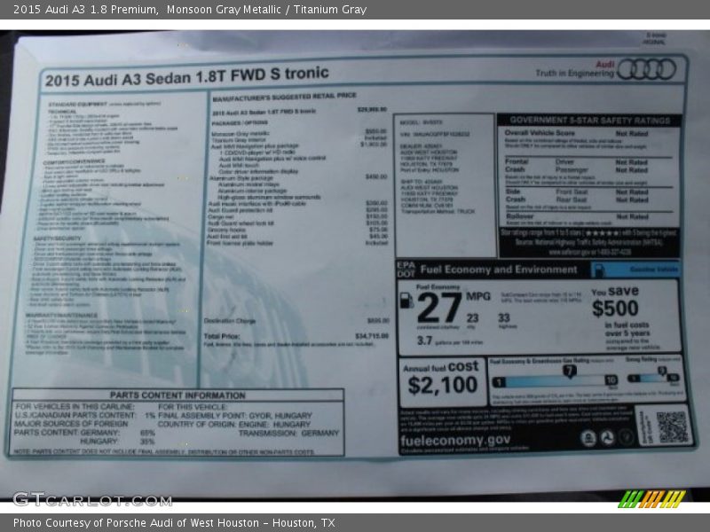 Monsoon Gray Metallic / Titanium Gray 2015 Audi A3 1.8 Premium