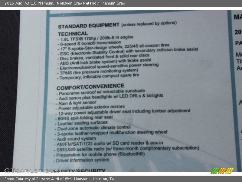 Monsoon Gray Metallic / Titanium Gray 2015 Audi A3 1.8 Premium