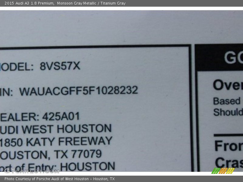 Monsoon Gray Metallic / Titanium Gray 2015 Audi A3 1.8 Premium