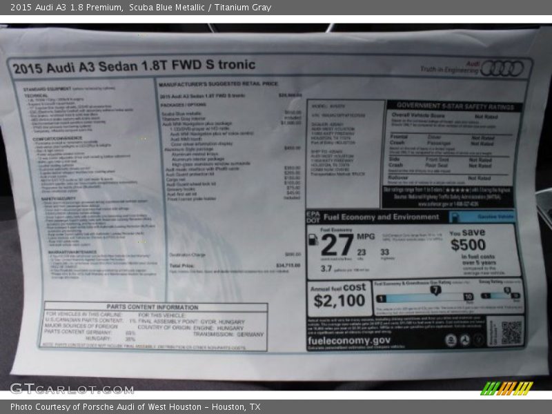  2015 A3 1.8 Premium Window Sticker