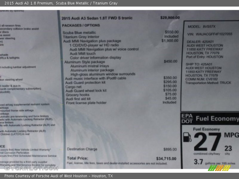 Scuba Blue Metallic / Titanium Gray 2015 Audi A3 1.8 Premium