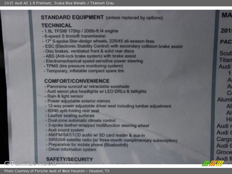 Scuba Blue Metallic / Titanium Gray 2015 Audi A3 1.8 Premium