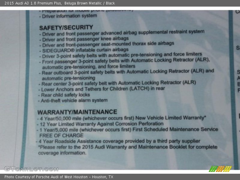  2015 A3 1.8 Premium Plus Window Sticker