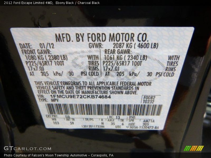 Ebony Black / Charcoal Black 2012 Ford Escape Limited 4WD