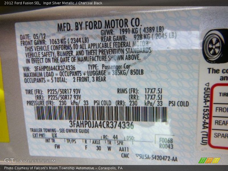 Ingot Silver Metallic / Charcoal Black 2012 Ford Fusion SEL