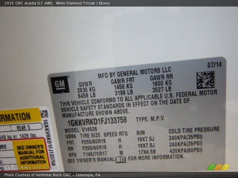 White Diamond Tricoat / Ebony 2015 GMC Acadia SLT AWD