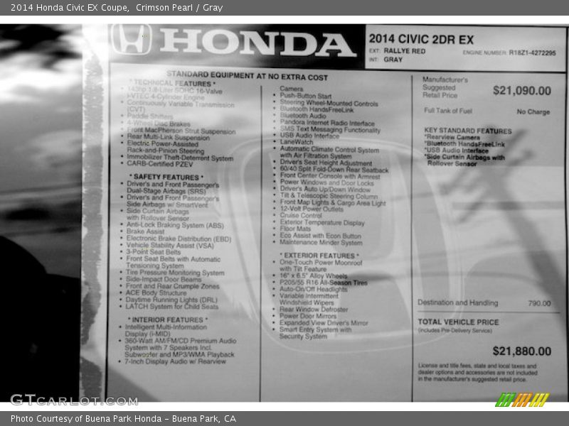 Crimson Pearl / Gray 2014 Honda Civic EX Coupe