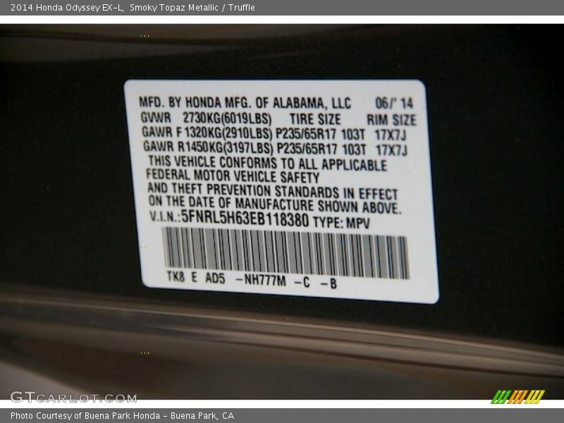 Smoky Topaz Metallic / Truffle 2014 Honda Odyssey EX-L