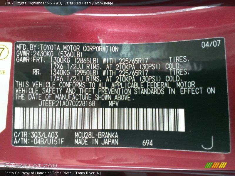 Salsa Red Pearl / Ivory Beige 2007 Toyota Highlander V6 4WD