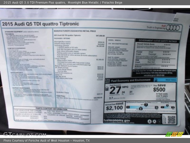 Moonlight Blue Metallic / Pistachio Beige 2015 Audi Q5 3.0 TDI Premium Plus quattro