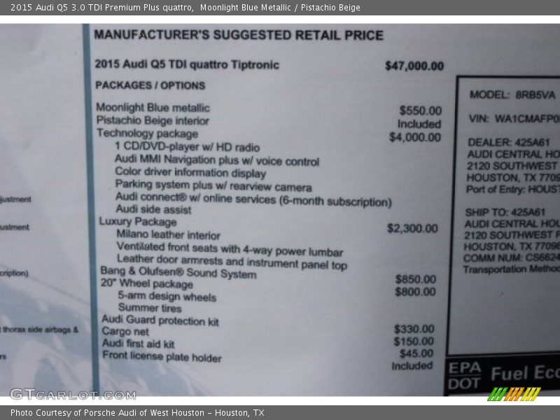 Moonlight Blue Metallic / Pistachio Beige 2015 Audi Q5 3.0 TDI Premium Plus quattro