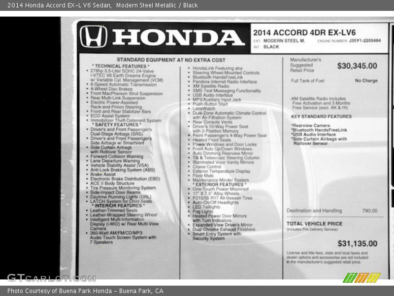 Modern Steel Metallic / Black 2014 Honda Accord EX-L V6 Sedan