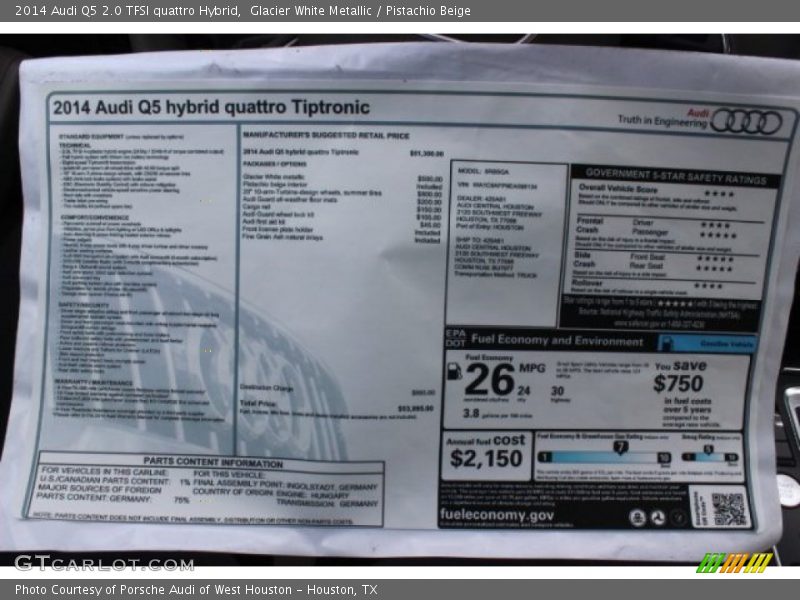  2014 Q5 2.0 TFSI quattro Hybrid Window Sticker