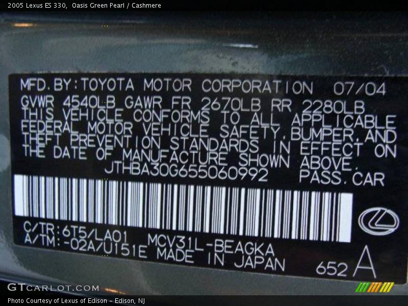 Oasis Green Pearl / Cashmere 2005 Lexus ES 330