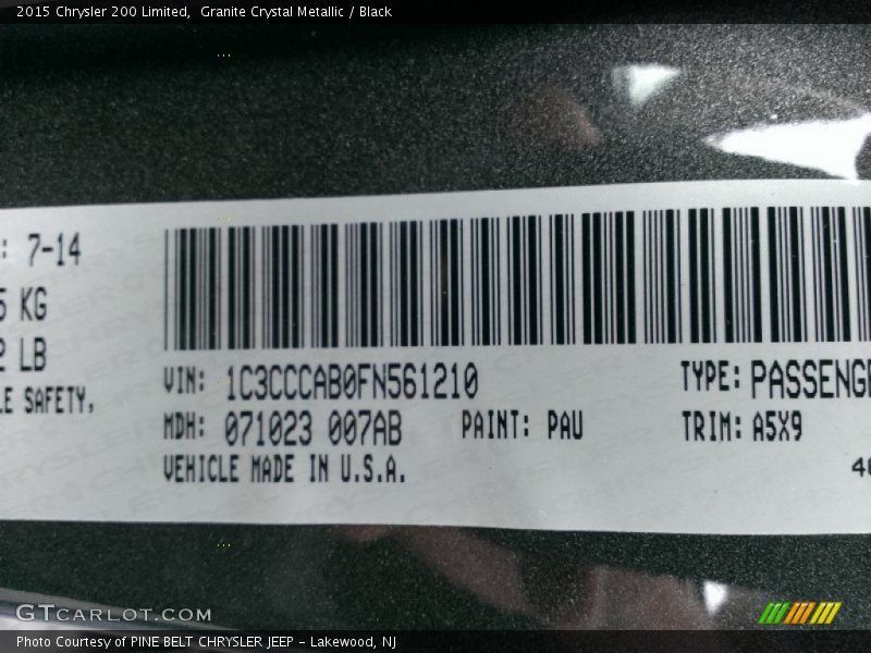 Granite Crystal Metallic / Black 2015 Chrysler 200 Limited