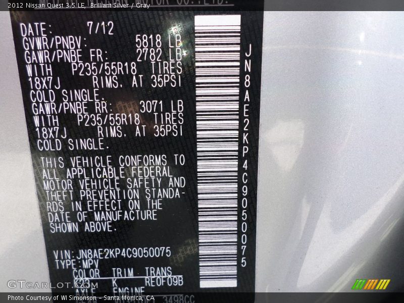 Brilliant Silver / Gray 2012 Nissan Quest 3.5 LE