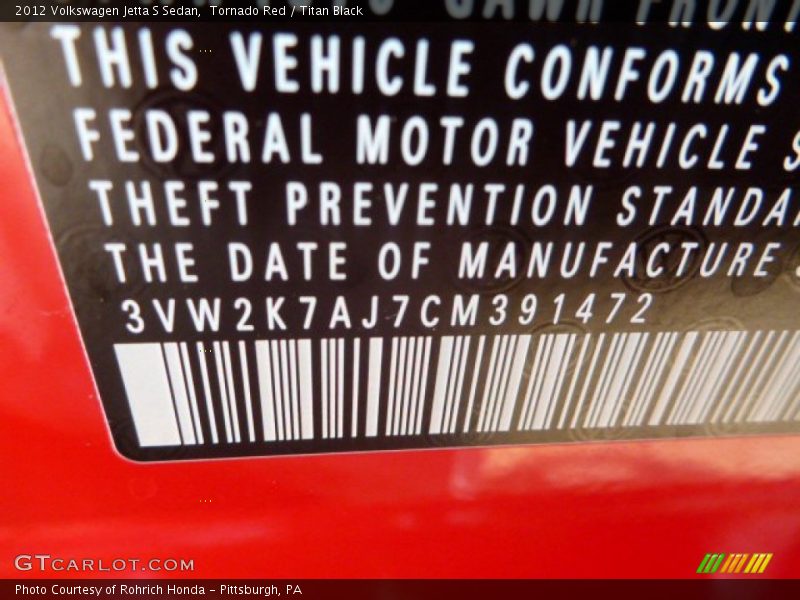 Tornado Red / Titan Black 2012 Volkswagen Jetta S Sedan