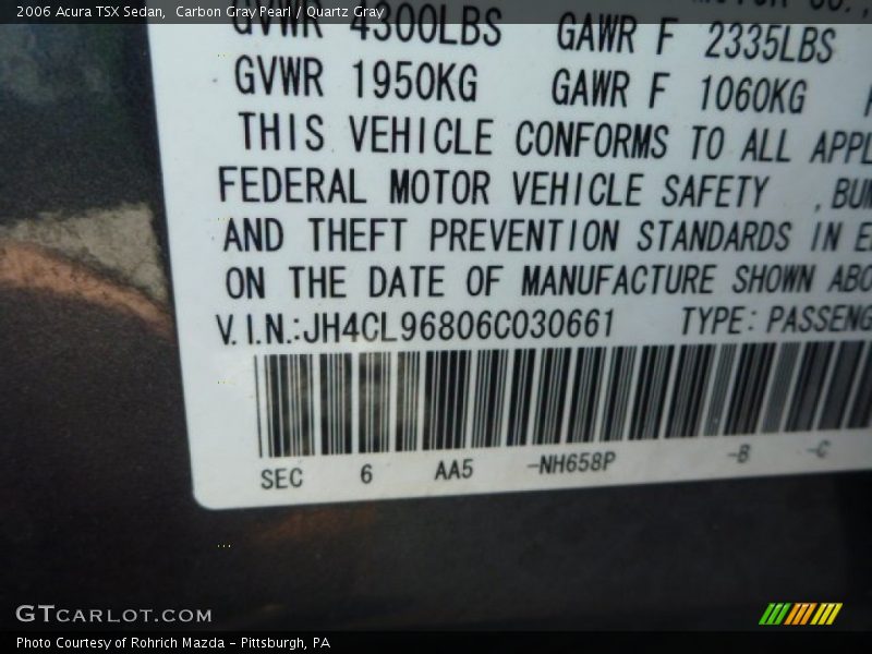 Carbon Gray Pearl / Quartz Gray 2006 Acura TSX Sedan