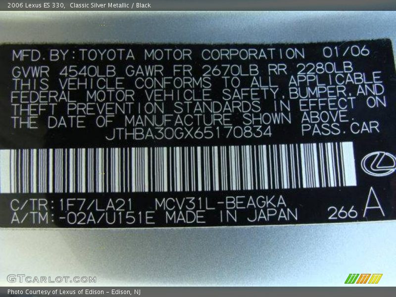 Classic Silver Metallic / Black 2006 Lexus ES 330