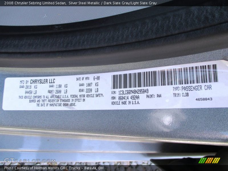 Silver Steel Metallic / Dark Slate Gray/Light Slate Gray 2008 Chrysler Sebring Limited Sedan