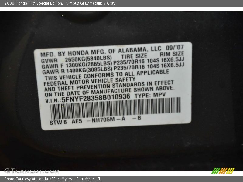 Nimbus Gray Metallic / Gray 2008 Honda Pilot Special Edition