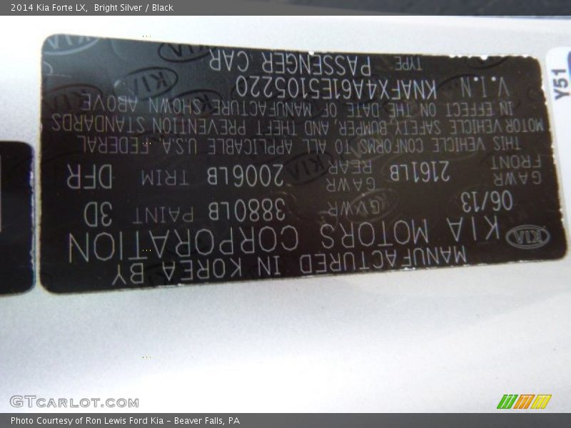 Bright Silver / Black 2014 Kia Forte LX