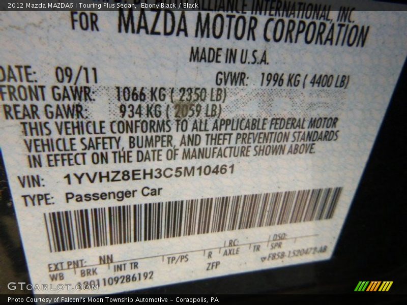 Ebony Black / Black 2012 Mazda MAZDA6 i Touring Plus Sedan