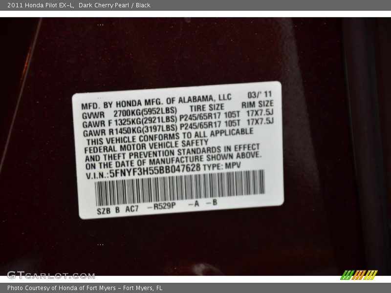 Dark Cherry Pearl / Black 2011 Honda Pilot EX-L