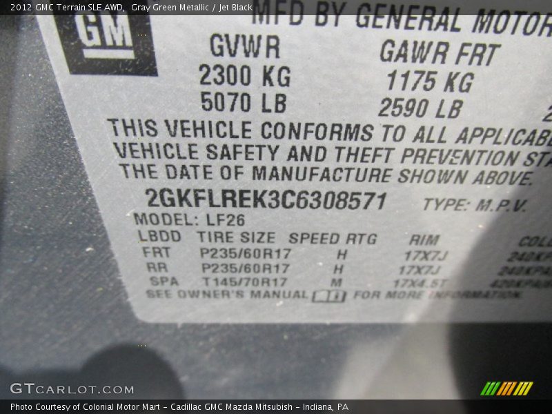 Gray Green Metallic / Jet Black 2012 GMC Terrain SLE AWD