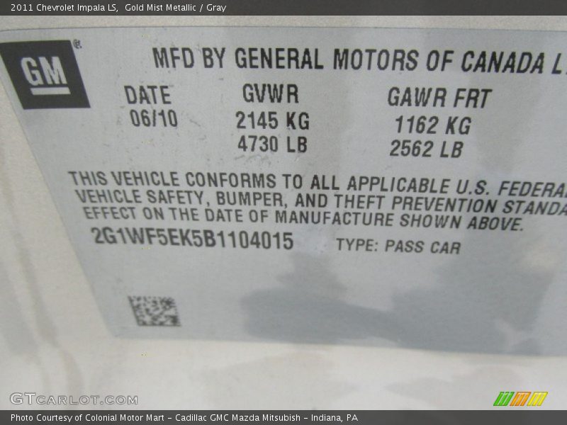 Gold Mist Metallic / Gray 2011 Chevrolet Impala LS