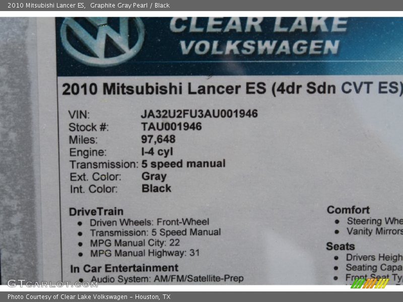 Graphite Gray Pearl / Black 2010 Mitsubishi Lancer ES