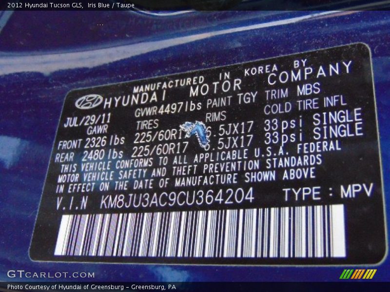 Iris Blue / Taupe 2012 Hyundai Tucson GLS