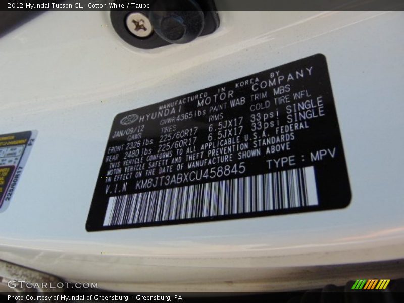 Cotton White / Taupe 2012 Hyundai Tucson GL