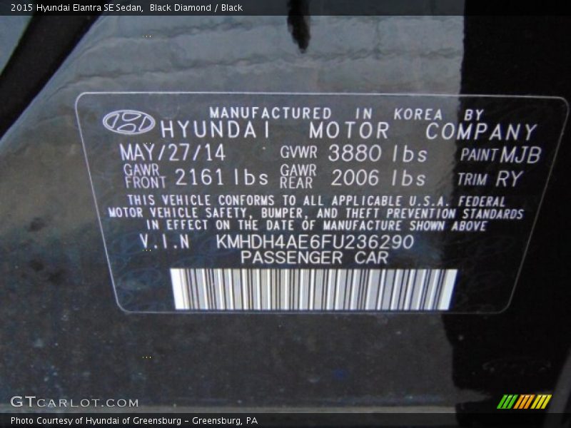 2015 Elantra SE Sedan Black Diamond Color Code MJB