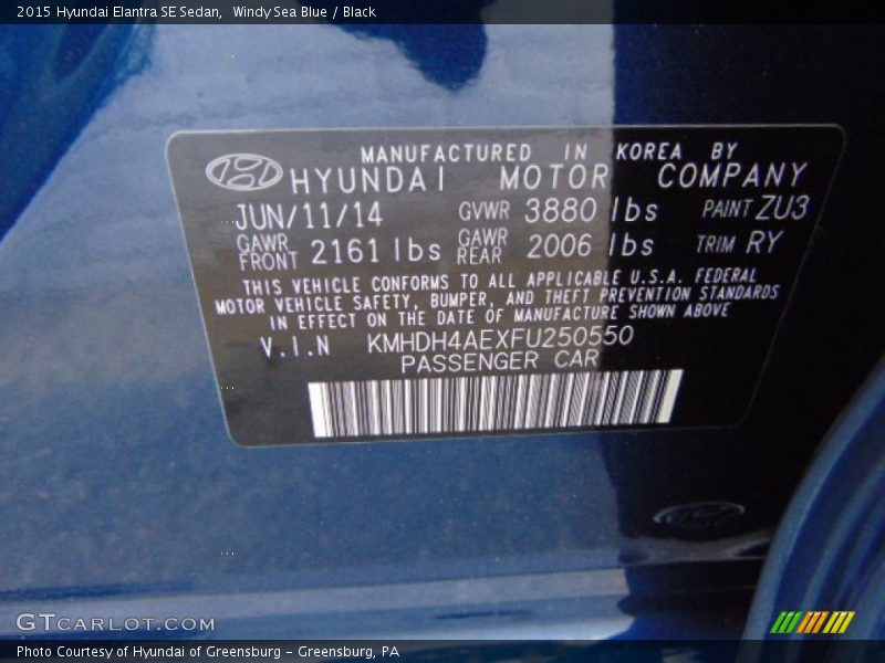 2015 Elantra SE Sedan Windy Sea Blue Color Code ZU3