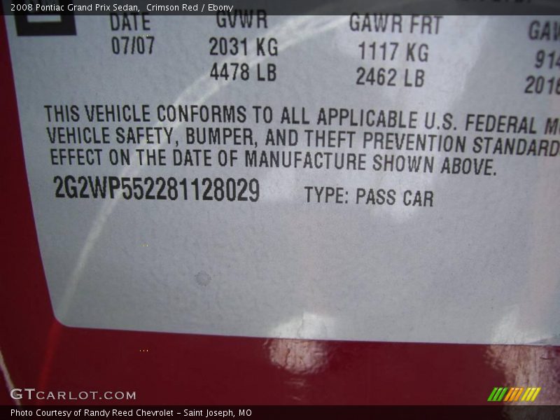 Crimson Red / Ebony 2008 Pontiac Grand Prix Sedan