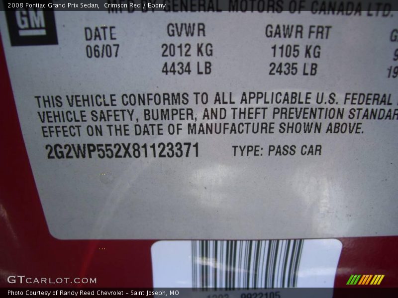 Crimson Red / Ebony 2008 Pontiac Grand Prix Sedan
