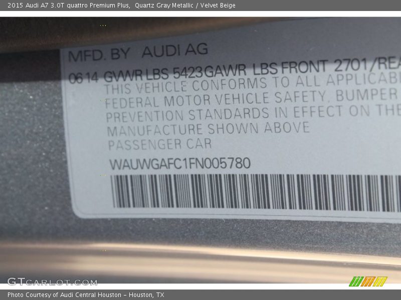 Quartz Gray Metallic / Velvet Beige 2015 Audi A7 3.0T quattro Premium Plus