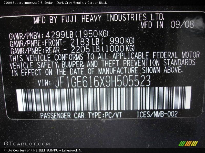 Dark Gray Metallic / Carbon Black 2009 Subaru Impreza 2.5i Sedan