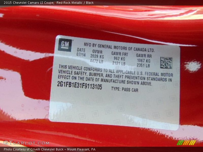 Info Tag of 2015 Camaro LS Coupe