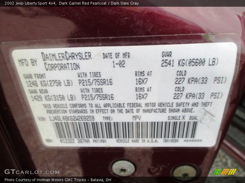 Dark Garnet Red Pearlcoat / Dark Slate Gray 2002 Jeep Liberty Sport 4x4